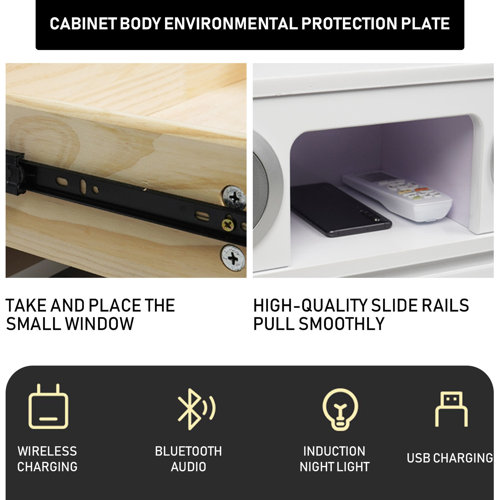 Orren Ellis Smart Nightstand Bedside Table, Bluetooth Speaker Drawer 3